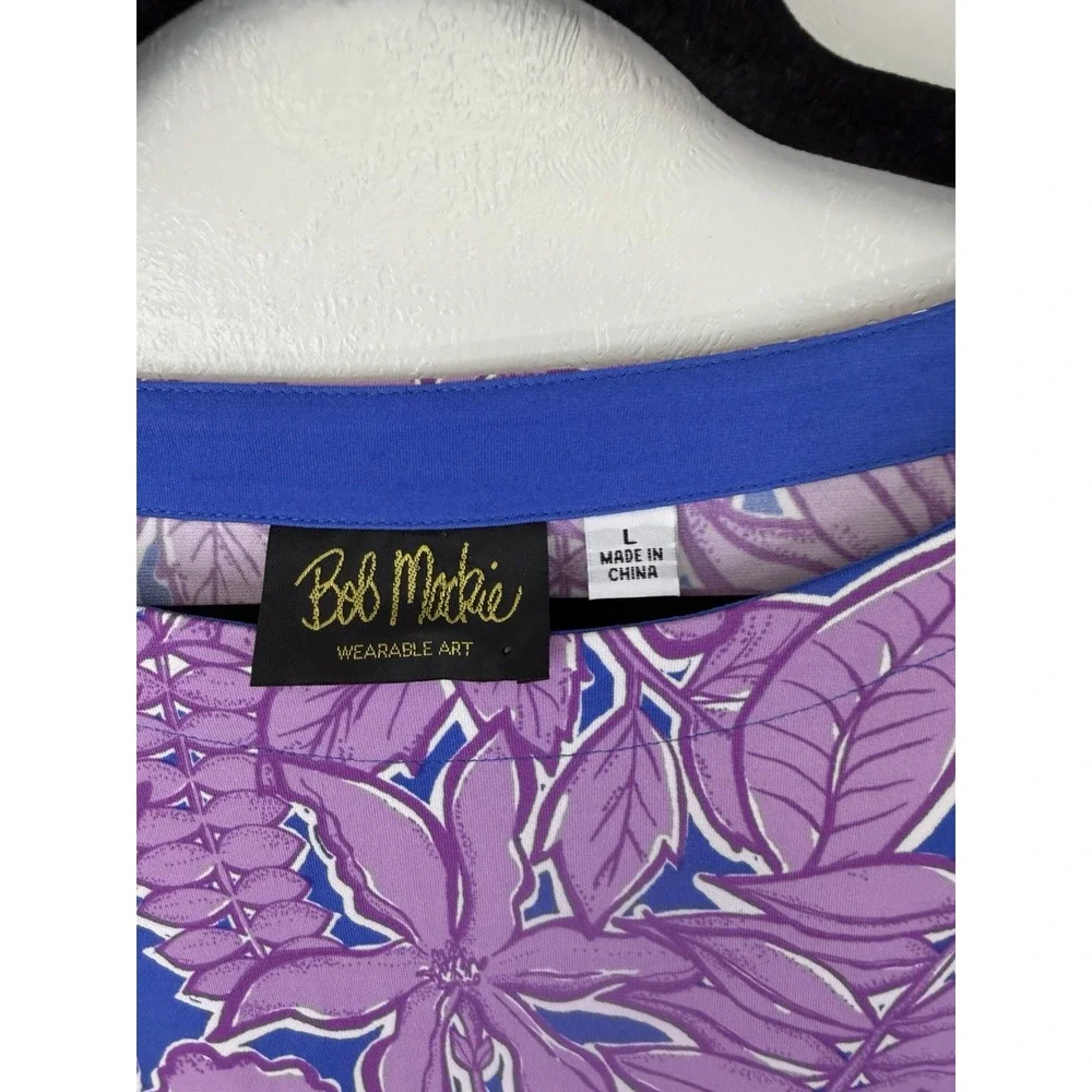 Bob Mackie‎ Wearable Art Blue Tunic W Lavender Flowers Scoopneck Size L